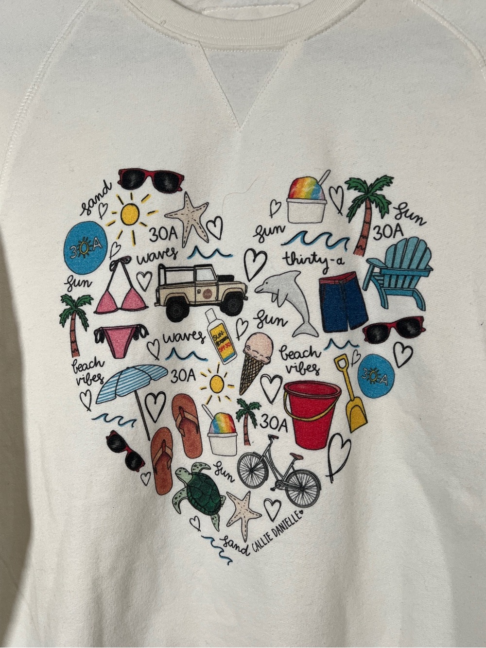 30A Beach Love Heart Doodles Sweatshirt in Cream Size Small Recycled